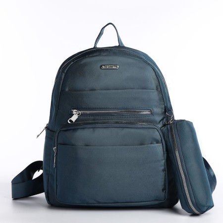 A backpack with a zipper, 5 outer pockets, pencil case, turquoise color-2
