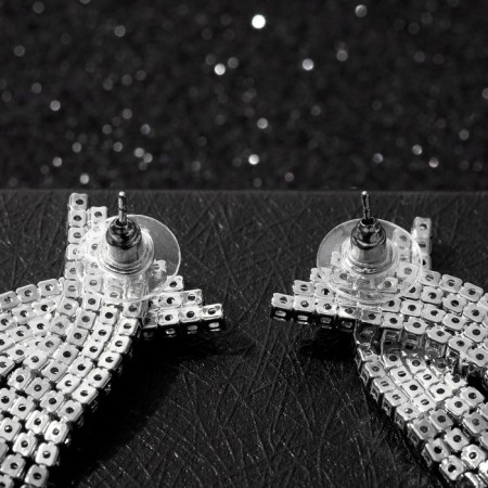 Hanging earrings with rhinestones "Waterfall" bow, white color in silver, 10 cm-1