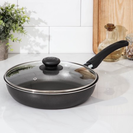 Pan “Classic Atlas”, D = 24 cm, plastic handle, glass cover, anti -stick coating, black color-9