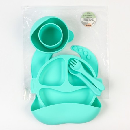 Feeding set: bib, plate 2pcs, glass, devices, crumb I, turquoise-6