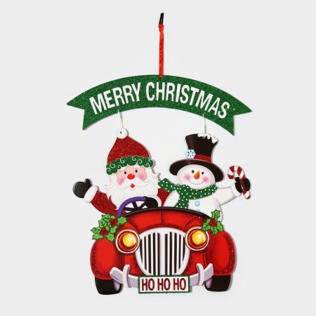 Decorative decoration (suspension) "Santa Claus and a snowman on a car" 40x34 cm-1