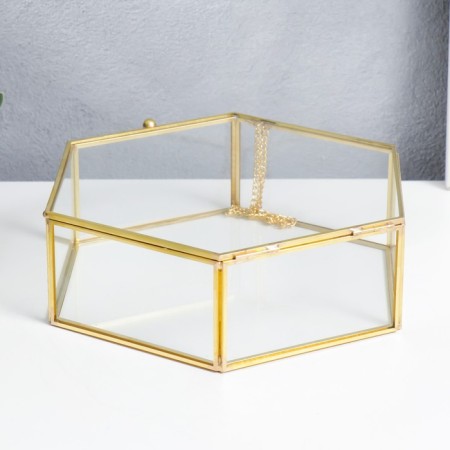 Casket glass with a metal frame "Hexagon with faces" gold 7.5x17x20 cm-2