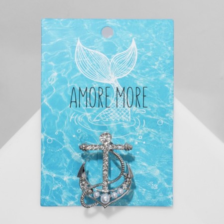 Brooch "Anchor" with beads, white color in silver