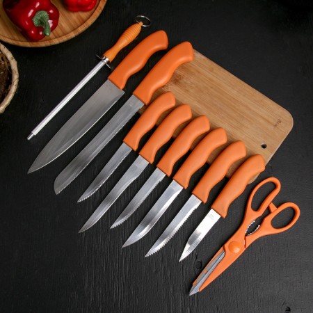 A set of kitchen knives on a stand, 8 knives, knife, scissors, orange color-1