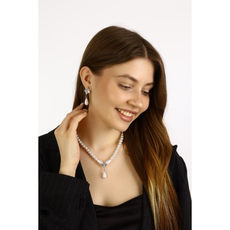 Set 2 objects: earrings, Antoinette necklace, white color in silver, 40 cm-3