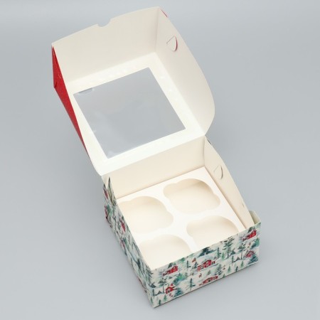 Folding box for 4 cupcakes with the window “Happy New Year!”, 16 x 16 x 10 cm, New Year-3