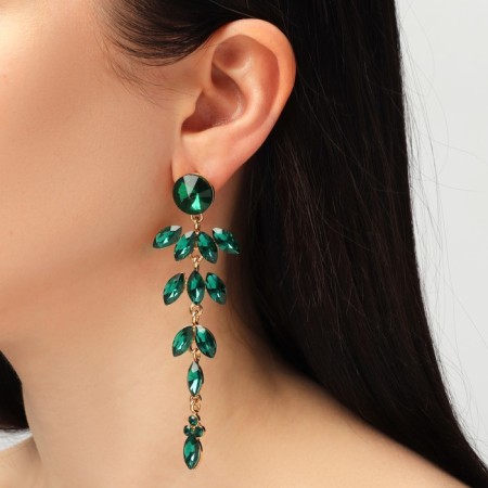 Hanging earrings with rhinestones "bun" deciduous, emerald color in gold, 9.5 cm-2