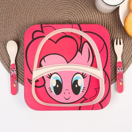 A set of children's bamboo dishes, 3 objects: plate, fork, spoon "Pinky Pie", My Little Pony-3