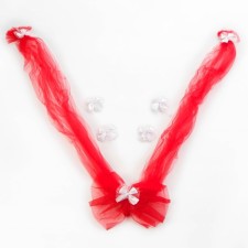 A set for decorating a car of tulle: 2 tapes on a hood with bows for mirrors, a bow to a radiator, 4 bow on pens, red