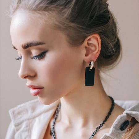 Earrings metal "rectangle" plate, golden-black color-3