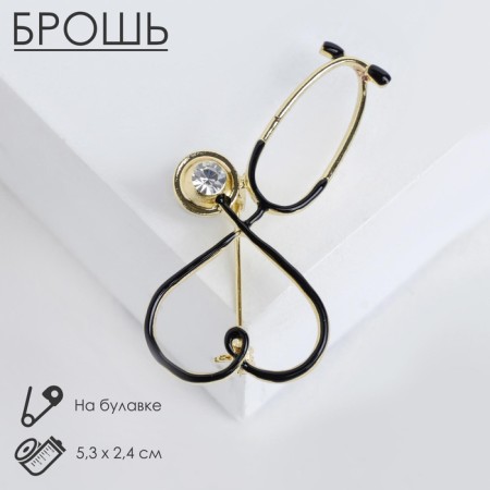 Brooch "Stetoscope" heart, black color in gold