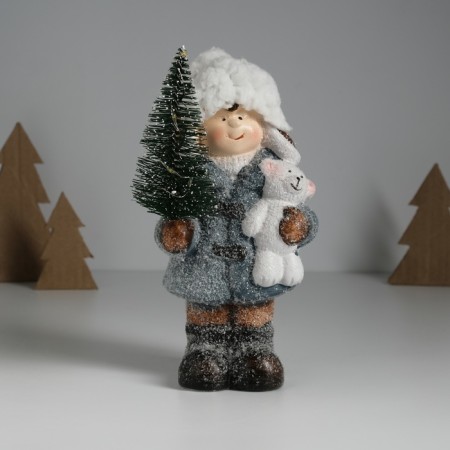 Souvenir Ceramics Light "Baby in a gray coat, with a Christmas tree and a bear" 10.5x8.5x19 cm