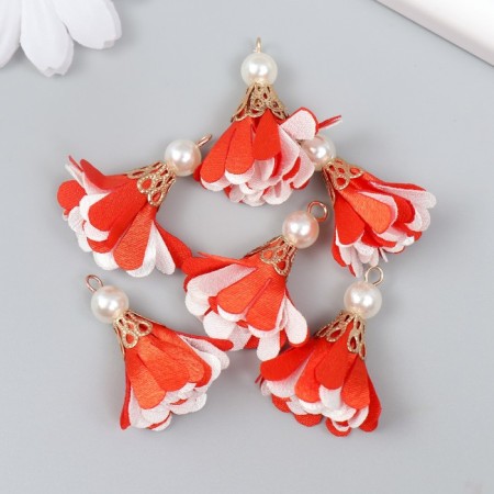 Decor Textile "Flower 2 colors with pearls. Red and white" set 6 pcs 3 cm-2