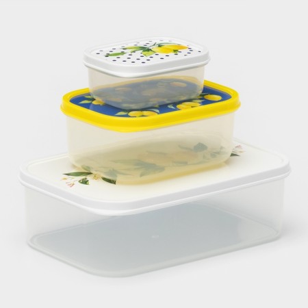 A set of food containers of the Dolyan Lemons, 3 pcs: 150 ml, 500 ml, 1.2 l, rectangular