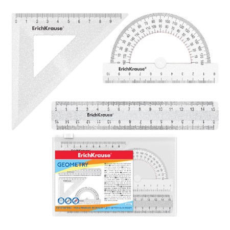 Set of drawing Erichkrause Clear Glitter, small (ruler, square, transporter), transparent with sparkles, ZIP package