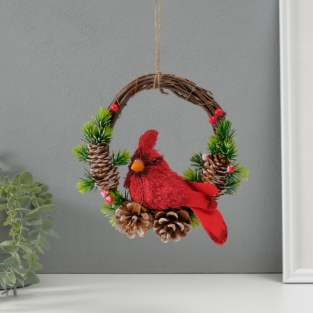 Souvenir Suspension "Red Bird on a wreath with cones" 7.5x20x20.5 cm