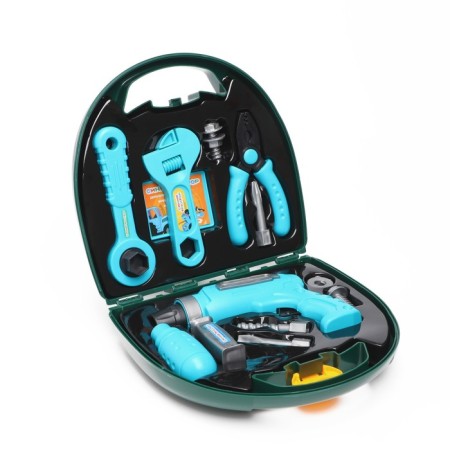 Game set of tools in a suitcase, blue tractor