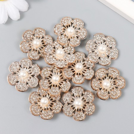 Decor for creativity plastic, rhinestones "Golden flower with bead" set 10 pcs 3x3 cm-2
