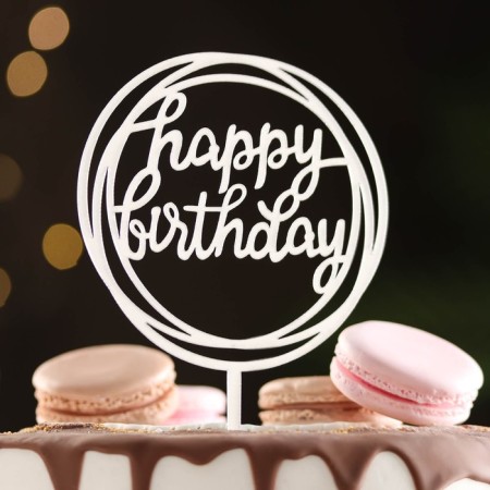 Topper "Happy Birthday", circle, silver, giving beautifully