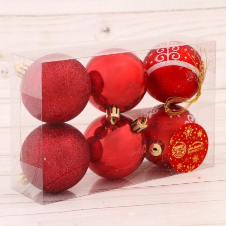 Set of balls plastic D-6 cm, 6 pcs "Fir tree from curls" red-1