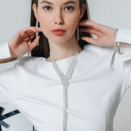 Set 2 objects: earrings, necklace "ice" path with a ladder, white color in silver, 39 cm-2