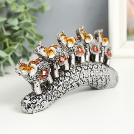 Polystone souvenir "Five elephants on a tusk with flowers" silver 17x4x8 cm-5