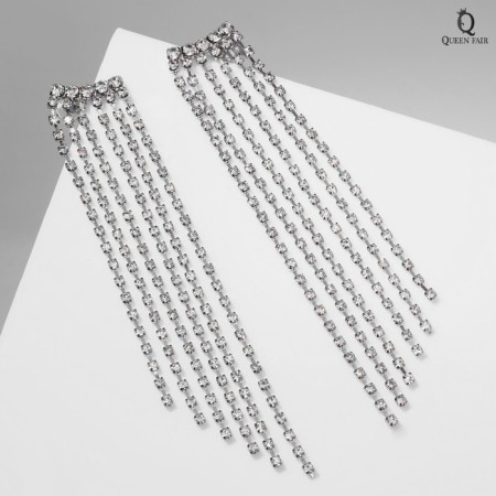 Hanging earrings with rhinestones "Waterfall" rows, white color in silver, 14 cm-2
