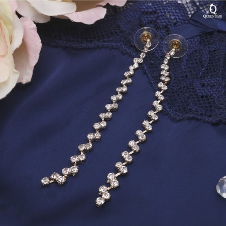 Hanging earrings with Princess rhinestones sophisticated, white color in gold, 9 cm-1