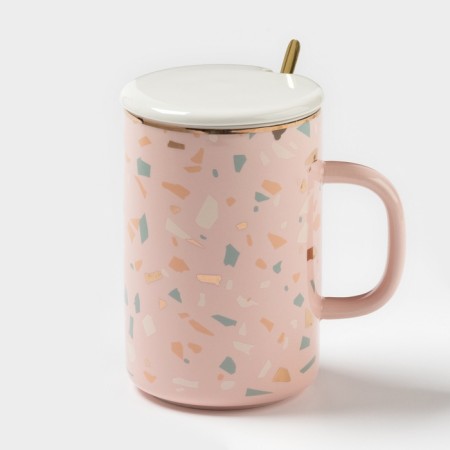 Ceramic mug with a lid and a spoon "Anabel", 350 ml, Mix drawing-4
