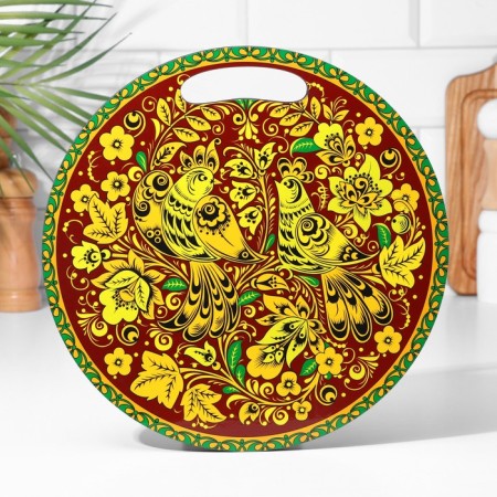 Board cutting and serving round kitchen "Gorodetskaya painting", 25.5 cm-1