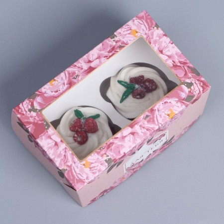 Capcake box, confectionery packaging with a window, 2 cells, "flowers", 16 x 10 x 10 cm-3