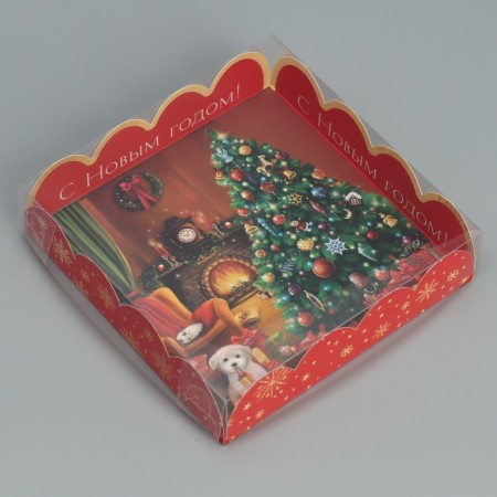 Box for confectionery with PVC “Happy New Year”, fireplace, 13 x 13 x 3 cm, new year-1