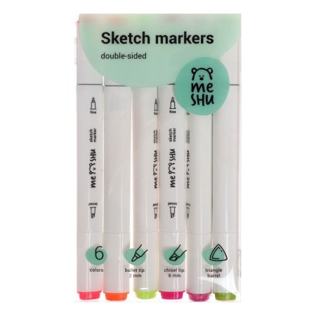 Meshu bilateral markers for sketching, 6 colors (fluorescent colors)