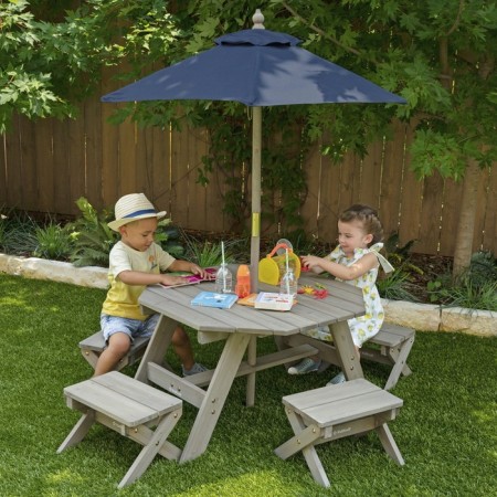 Children's garden furniture, 4 benches, picnic table, umbrella, beige-brown-1