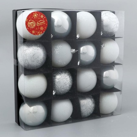 Set of balls plastic D-6 cm, 16 pcs "Frosty pattern" silver-white-1