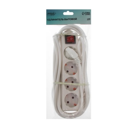 Extension cord Luazon Lighting, 4 sockets, 5 m, 10 A, 2200 W, 3x1.5 mm2, with salary, with off., B-3