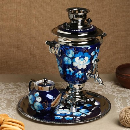 The set "Zhostovo on the blue", a glass, 3 objects, a samovar 3 l, a teapot 0.7 l, tray-12