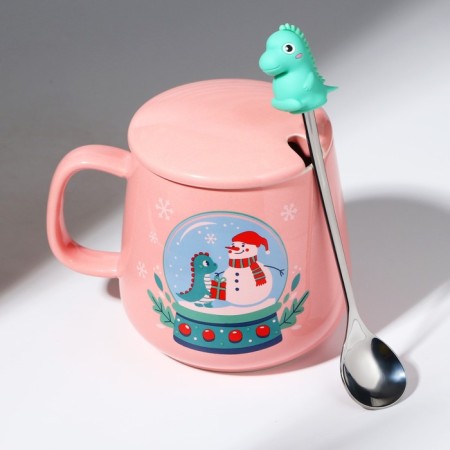 Ceramic mug with a spoon “Happy New Year!”, 350 ml, pink color-5