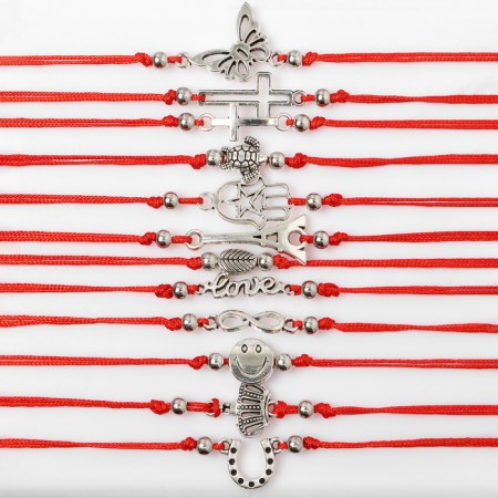 Bracelet-reinforcing "Red thread" set of 12 pcs., Assorted signs, color black silver, 17.5 cm