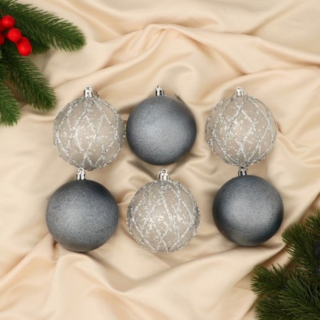 Set of balls plastic D-8 cm, 6 pcs "Brilling strips" Blue silver