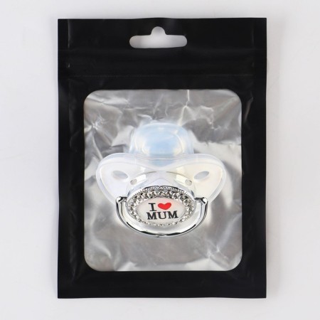Nipple - orthodontic dummy, I love mum, with cap, +6 months, gray/silver, rhinestones-4