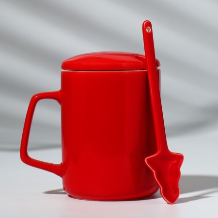 Ceramic mug with a spoon and lid "Penguins", 400 ml, red color-6