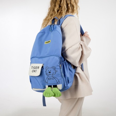 A backpack with a zipper, 4 external pockets, the color is light blue-5