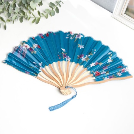 Fan bamboo, textile h = 21 cm bend, with a brush "flowers" in a box, blue-1