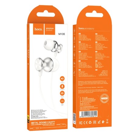 Hoco M106 headphones, wired, vacuum, microphone, 1.2 m, silver-4