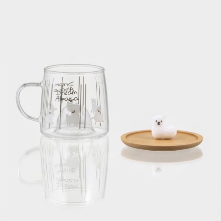 Glass mug with a wooden lid "Lama", 300 ml, Mix drawing-3
