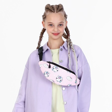 Young backpack from textiles with a zipper, 3 pockets, waist bag, pink color-4