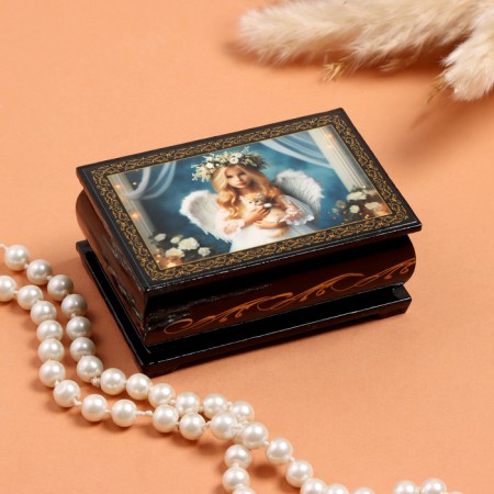 Casket "Angel with a kitten", black, 6 × 9 cm, lacquer miniature
