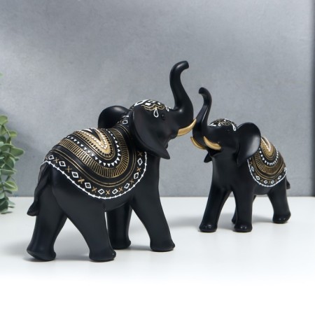 Polystone souvenir "Indian black elephants with a pattern on the Popon" N-r 2pp 18x7x17 21.5x8.5x21 cm 735555-1