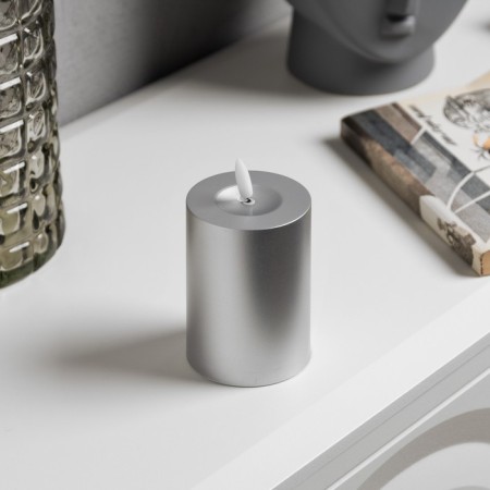 Silver LED candle, 7 × 13 × 7 cm, plastic, AAX2 batteries (not complete), warm white glow-1